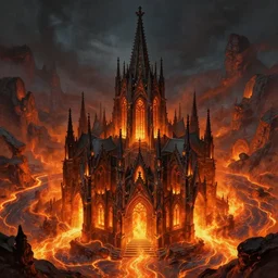 an obsidian gothic cathedral in the elemental plane of fire, with rivers of lava surrounding it, Dungeon and Dragon illustration, painted by Greg Rutkowski, 4k, trending on ArtStation