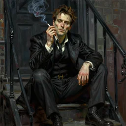 character portrait of a rugged john constantine sitting down on a fire escape smoking a cigarette in gothic london, gothic, john singer sargent, muted colors, moody colors, illustration, digital illustration, amazing values, art by j. c. leyendecker, joseph christian leyendecker, graphic style, dramatic lighting, gothic lighting