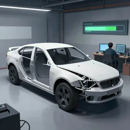 a digital painting of a partially constructed car being 3 d printed in a garage. a person sitting at a computer nearby monitors a large progress bar.