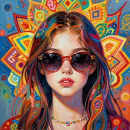 a beautiful girl wearing sunglasses surrounded by bright intricate patterns, painted by edgar maxence, edward hopper, wayne barlowe and james gilleard, airbrush, art by jamesjean