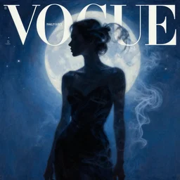 fashion model silhouette smoke, soft blue moon light, blur white stars, vogue cover style, poster art, high detail, intricate oil painting, multiple exposure, hyperrealism, by stanley kubrick