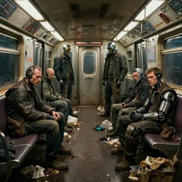 wallpaper of homeless cyborgs in dirty subway car, garbage on ground, from scifi movie by digital domain and weta digital, in style of thomas eakins, textures, ambient occlusion, volumetric lighting, raytracing