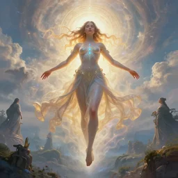 overdetailed maximalist fullbody portrait of a beautiful female energy being transcending to her true form while floating over a surreal landscape. Made by oozium, inspired by silvio vieira, overpainted by loish. 8k 3d realistic render. Bright, sacred, spiritual, dawn, backlit, calm, relaxed, dynamic, ethereal, arcane, intricate, mysterious, dramatic, cinematic. Seen from below. Overpaint by phazed and erica robin. Artstation, deviantart, vagallery.com