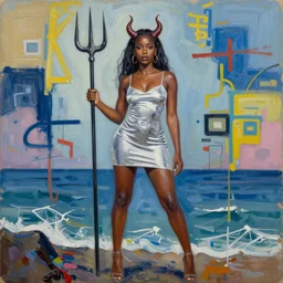 A pretty attractive black woman with devil horns wearing a silver mini dress standing on the ocean, ,full body, pitchfork, creative background, abstract jean-Michel Basquiat oil painting with thick paint strokes, oil on canvas, intricately!!! detailed!!!