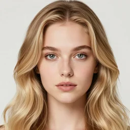Perfect face, symmetrical facial features, small nose, big eyes, long wavy blonde hair, photograph