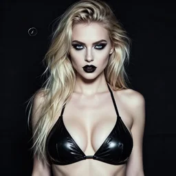 modeling photograph kerli koiv in latex bikini, blonde, beautiful, dark, mysterious, bubble goth makup, detailed symmetrical face, dramatic darkroom lighting high exposure