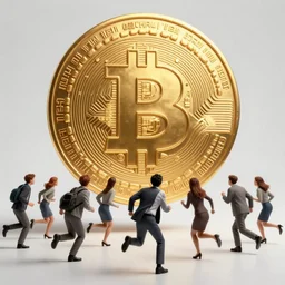 people running scared from a giant with bitcoin face, cyberpunk art, hyper-realistic, 4k