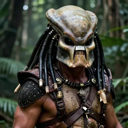 close up arnold schwarzenegger in predator costume , close up detailed movie still from the predator in the jungle