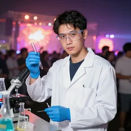 a scientist in a lab coat at a rave