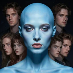 portrait of a stunning god of space, pale blue skin. light coming from down. realistic, unsymmetrical face. art by bowater charlie, mark brooks, julie bell, arian mark, tony sandoval