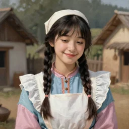 a sadly smiling black haired, young hungarian village maid from the 19th century who looks very similar to Lee Young Ae with a two french braids, pastel colours, detailed, painting by Rembrandt, Csók István and da Vinci