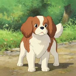 cavalier king charles spaniel, on a road in a park on a sunny day, anime art by studio ghibli, by hayao miyazaki