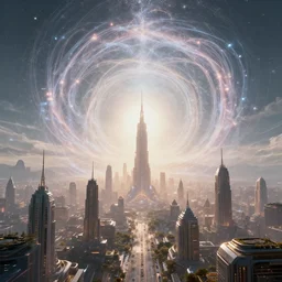 The futuristic technologically advanced utopian city landscape backlit by sunlight is surrounded by a massive ethereal portal glowing and sparking with wispy time dimension vortex strands. Cinematic, Award winning, ultra high resolution, intricate details, UHD 8K