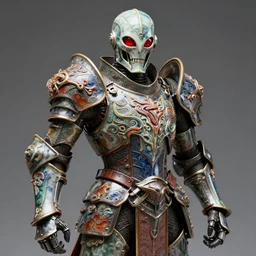 fantasy art ultra 4 k photo of a bizzare colorful metal armor knight cylon red eye mask made of ceramic carved by a master engraver by h. r. giger