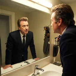 ultra wide angle photo of alec baldwin dressed as seth brundle is looking at himself in a bathroom mirror and seeing his reflection as the fly, a mutated insect version of alec baldwin
