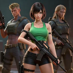worksafe. insanely detailed. by wlop, ilya kuvshinov, krenz cushart, greg rutkowski, pixiv. zbrush sculpt, octane, maya, houdini, vfx. a beautiful curvy anime girl with an athletic feminine body in a green tank top and black shorts holding an assault rifle. cinematic dramatic atmosphere, sharp focus, volumetric lighting, illustration