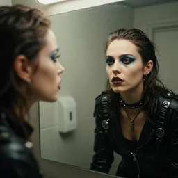 cinestill 5 0 d candid photographic portrait by stanley kubrick of a feminine man wearing rugged black techwear and glitter goth girl makeup looking in the bathroom mirror, cramped new york apartment, extreme closeup, retrofuturism cyberpunk emotional cinematic, light and shadows, 8 k, hd, high resolution, 3 5 mm, f / 3 2, ultra realistic faces
