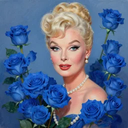 beautiful digital painting of Lucille Ball and blue roses and pearls by Georgia O\'Keeffe, Carmelo Blandino, Cyril Rolando, artstation, Behance, 4K,