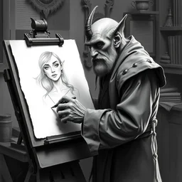 an old goblin man artist with pointy ears and gnarled hands, stands at a traditional drafting table, sketching a beautiful pencil drawn portrait of gal gadot