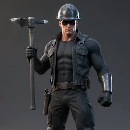 coal miner man, marvel super hero, coal dust, hard hat, pickaxe, super suit, fanart, digital art, distinct, vivid, octane render, volumetric lighting, ray tracing, detailed
