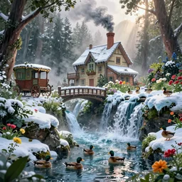 donald trump, ornate, beautiful, atmosphere, vibe, mist, smoke, chimney, rain, well, wet, pristine, puddles, waterfall, melting, dripping, snow, ducks, creek, lush, ice, bridge, cart, forest, flowers, concept art illustration, color page, 4 k, tone mapping, akihiko yoshida, james jean, andrei riabovitchev, marc simonetti, yoshitaka amano, digital illustration, greg rutowski, volumetric lighting, sunbeams, particles, trending on artstation