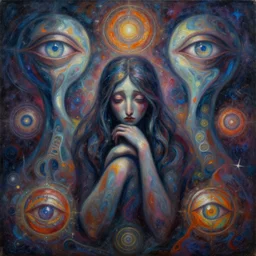 oil painting of painful abstract surrealist forms by yvonne mcgillivray by mandy jurgens by michael divine, powerful eyes glowing highly detailed painting of l sadness alone, spiritual abstract forms, symmetrical, trending on art station, abstract emotional sadness expression, very very beautiful, fantasy digital art, highly detailed patterned visionary art, magic symbols, by michael divine, cosmic nebula