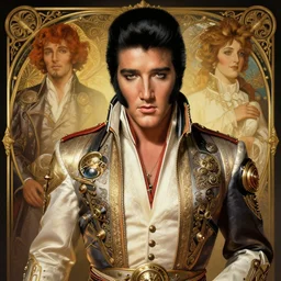a cinematic portrait scene male steampunk elvis presley, intricate, elegant, highly detailed, digital painting, artstation, concept art, smooth, sharp focus, illustration, art by artgerm and greg rutkowski and alphonse mucha