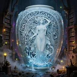 horrifying atmosphere phenomenon, steampunk city, magic library, carving on southern ice porcelain , overdetailed art, by greg rutkowski, by Alfons Mucha, complementing colors, colorful lights, fireflies, detailed illustration, octane render, smoky
