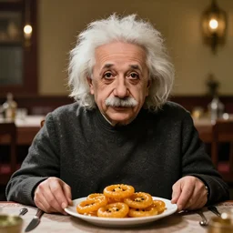 a portrait of albert einstein sitting at the dining table with a plate containing jalebi in front of him, highly detailed, trending on artstation, bokeh, 9 0 mm, f / 1. 4
