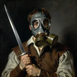 Man using gas-mask, with a rapier, at night, a painting by Sorolla