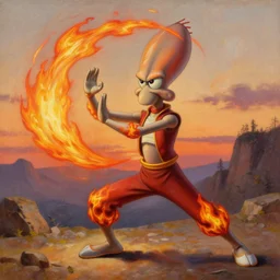 [ [ [ [ [ [ squidward ] ] ] ] ] ] wearing fire nation clothing and practicing firebendingoutside at susnset, oil painting, highly detailed, intricate, hd, sharp focus, photorealistic, by moebius and greg rutkowski, trending on artstation, trending on cgsociety, realistic shading and lighting