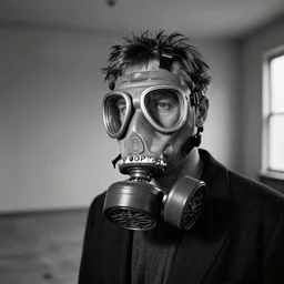 portrait of a man with gasmask in the empty room, black & white photo by annie leibovitz