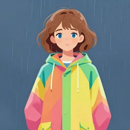 a sixteen year old girl with short wavy curly light brown hair and blue eyes wearing a colorful raincoat in the rain. clean cel shaded vector art by lois van baarle, artgerm, helen huang, by makoto shinkai and ilya kuvshinov, rossdraws, illustration, art by ilya kuvshinov