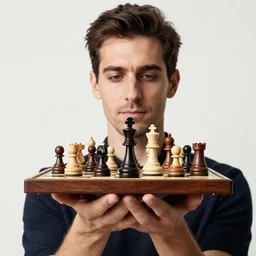 a man holding up a bunch of chess pieces, a character portrait by marcel duchamp, flickr contest winner, precisionism, surrealist, studio portrait, provia, 3 5 mm film grain, 1 9 1 4