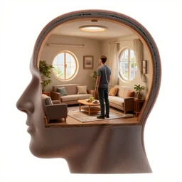 cross section of human head with miniature living room inside, man standing inside living room staring out eye shaped windows