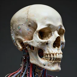 a human skull, revealing wires and electronics, arteries, veins, sci - fi, missing panels, intricate abstract intricate artwork, concept art, octane render, deviantart, cinematic, key art, hyperrealism, iridescent accents, portrait photograph, nikon 3 5 mm, photograph by greg rutkowski