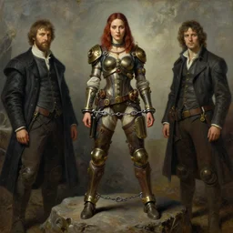 oil painting of a highly detailed steampunk gal gadot in handcuffs while standing on a rock : leonardo da vinci, greg rutkowski, magali villeneuve