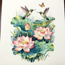 a detailed tatoo watercolor of a garden full of lotus flowers with floating a humming bird and butterflies, 4 k, masterpiece