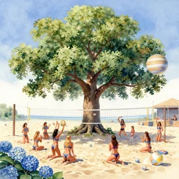 on jupiter's moon, beach volleyball babes, botanic watercolors, iridescent, 8 k wide angle, realistic shaded, fine details, artstation, italian, oak tree, hydrangea, fun, party atmosphere