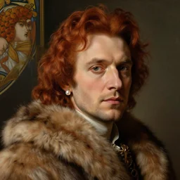 close - up portrait of evgeny shwartz евгении шварц actor, reddish wavy hair, with a pearl earring, dressed in a rich furcoat!!!, beautiful, cinematic lighting, highly detailed, digital art, oil painting, highly detailed, sharp focus, matte painting, renaissance painting, by kinkade, by alphonse mucha, by leyendecker, by rutkowsky,
