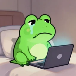 peepo the frog!!!, crying on bed with laptop, in the style of lo-fi, dramatic,