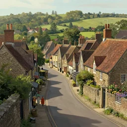 curved perspective digital art of a typical english village from midsummer murders from petros afshar