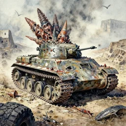 watercolor terrifying mollusk clustered broken panzer, tank treads macerated in cluster of shredded tire valley by richard corben, bernie wrightson, ian miller, & albrecht durer, fine art masterpiece baked at 3 0 0 f, matte painting, dystopian lighting, photorealistic render, cinematic,