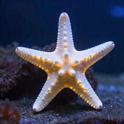 a magnificent bioluminescent porcelain starfish in a marine aquarium setting. translucent, hyperrealistic, shallow focus, trending on artstation, impressive lighting, casting dark grainy shadows. octane render, 4 k