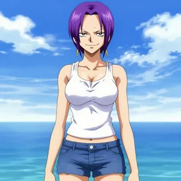 style of madhouse studio anime, black lagoon manga, loish, artgerm, comic art, portrait of revy from black lagoon, symmetrical eyes and symmetrical face, jean shorts, white tank top, purple hair, sarcastic evil smirk on face, sky and ocean background