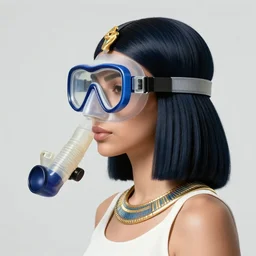 a profile photo of a egyptian woman with a diving oxygen mask with side profile blood in ocean intricate details by MARVEL comics and Sandra Chevrier-C