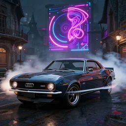 audi camaro b 1 ( 1 9 6 9 ) drifting, need for speed : carbon, neon lines, ultra phonk, phonk music background, smoke behind wheels, noise, dark, establishing shot, through the streets of riften
