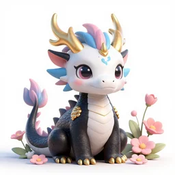 cute dragon cute dragon, black, white, blue, pink and gold color scheme, flowers, cool, highly detailed, artgerm, cushart krenz, artstation, soft light, sharp focus, illustration, character design, concept art