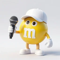 a single yellow m & m candy with white arms and legs holding a microphone, a yellow sphere wearing a white baseball cap, eminem as a m & m candy standing on a floor covered with m & m candies, m & m candy dispenser, m & m plush!!!, unreal engine, volumetric lighting, artstation, professional food photography