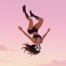 a girl, doing a backflip, metallic mask around the mouth, ( ( ( anime ) ) ), fantasy, elegant, pink gradient sky, trending on artstation, deviantart, by wlop